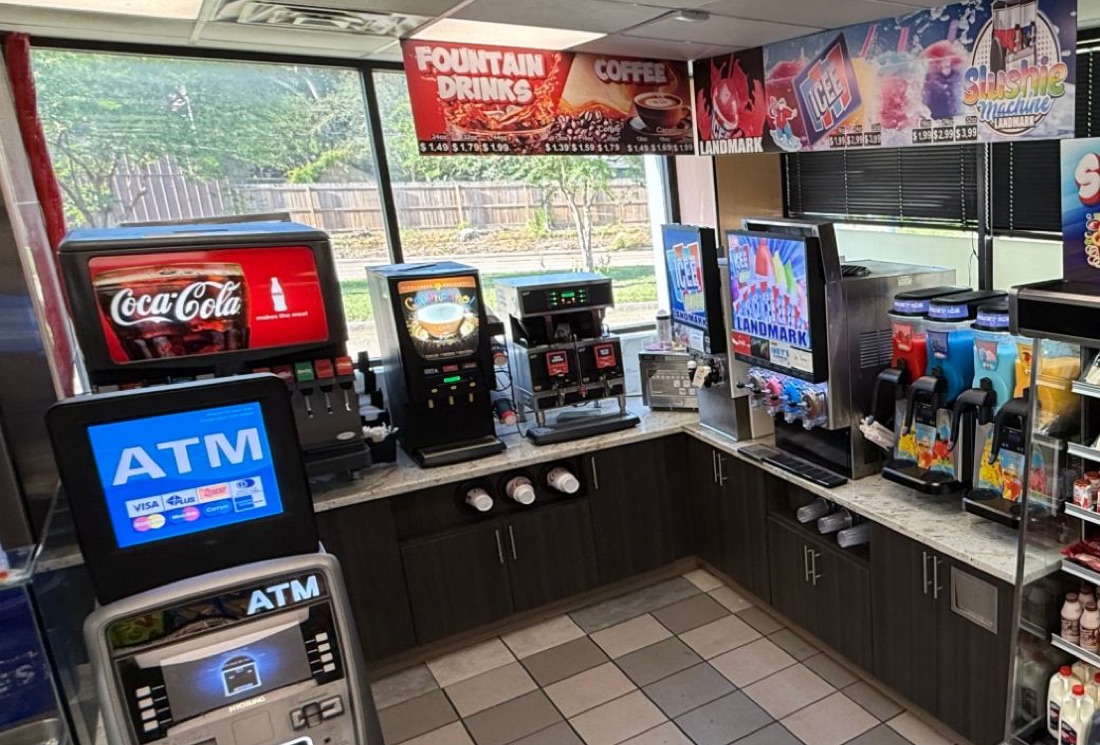 Coca-Cola fountain, coffee machines and an ATM